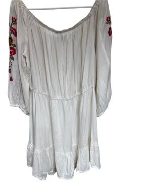 Feathers Boho Off-Shoulder White Embroidered Sleeve Peasant Dress Sz 2X